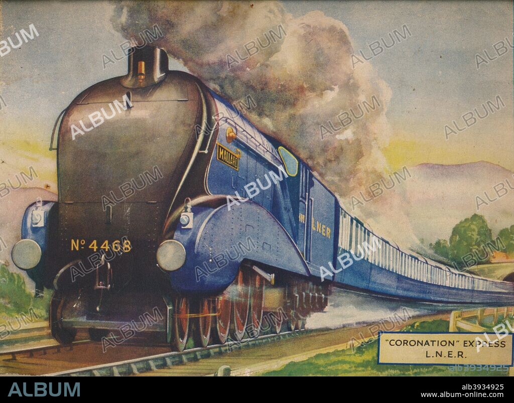 'Coronation Express L.N.E.R.', 1940. A streamlined express passenger train which ran between London King's Cross and Edinburgh Waverley. It was named to mark the coronation of King George VI and Queen Elizabeth,and was inaugurated in 1937.  The design was based on the very successful streamlined train, The Silver Jubilee, built in 1935, but instead of being painted silver it was given a two-tone blue livery. Internally it was decorated in the Art Deco style. From Trains of Today. [Juvenile Productions Ltd., London, 1940].