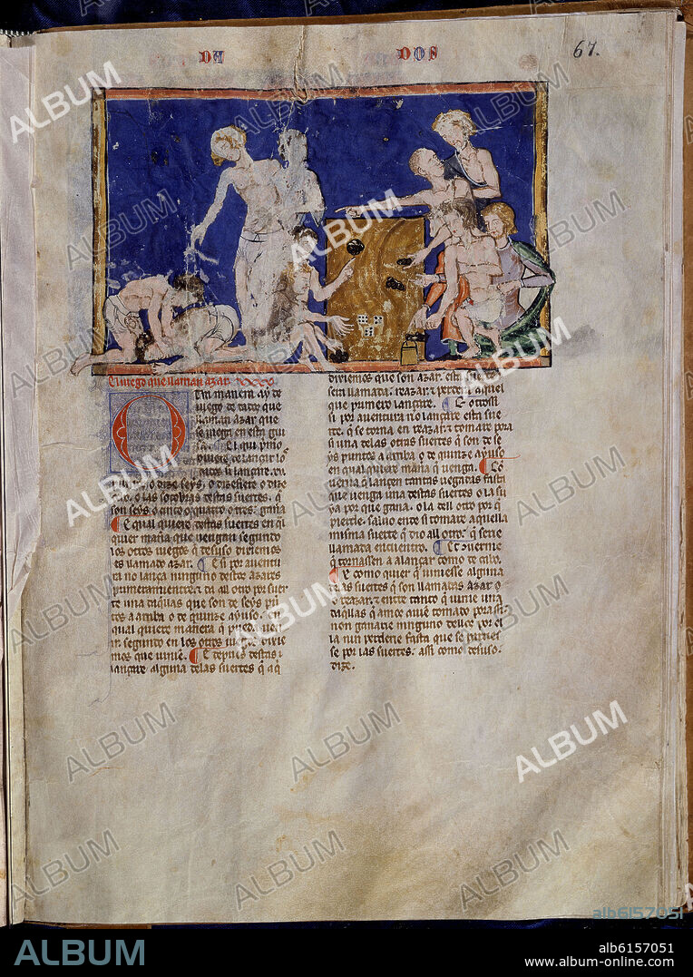 ALFONSO X EL SABIO (1221-1284). LIBRO DE JUEGOS O LIBRO DEL AJEDREZ DADOS Y TABLAS-1283-FOLIO 67-JUGADORES DE LA TRIGA APUESTAN CON SUS ROPAS PORQUE LAS BOLSAS DE DIN.