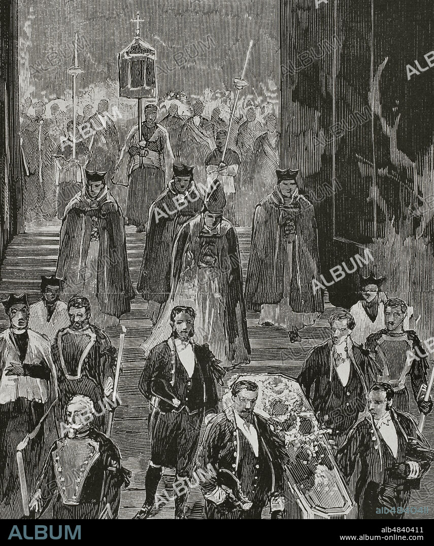 Maria Christina of the Two Sicilies (1806-1878). Queen consort of Spain (1829-1833) and queen regent (1833-1840) during the minority of Isabella II. Fourth wife of King Ferdinand VII. Burial of Queen Maria Christina in El Escorial. Descent of the corpse to the Royal Pantheon, 30 August 1878. Engraving. La Ilustración Española y Americana (The Spanish and American Illustration), 1878.