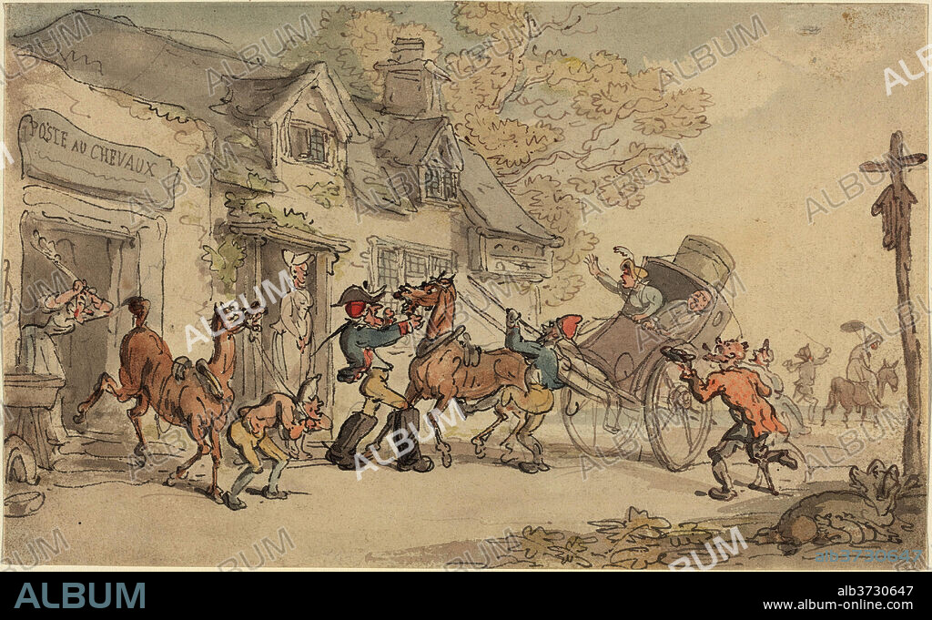 THOMAS ROWLANDSON. Changing Horses at a Post House in France. Dated: c. 1790. Dimensions: overall: 14.2 x 23.3 cm (5 9/16 x 9 3/16 in.). Medium: watercolor over black ink and graphite on wove paper.