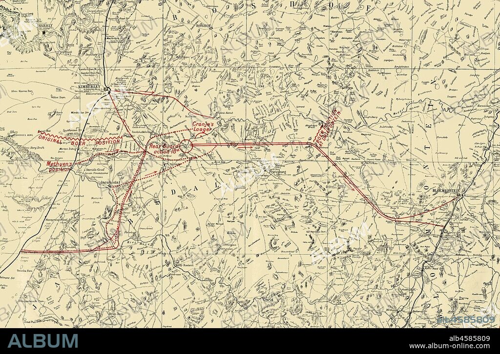 'Map Illustrating the Movements for the Relief of Kimberley and the Capture of Bloemfontein', 1900. The Relief of the Siege of Kimberley took place during the Second Boer War in Cape Colony. The largest British mounted division ever assembled was created under the command of Major-General John French.   From "South Africa and the Transvaal War, Vol. IV", by Louis Creswicke. [T. C. & E. C. Jack, Edinburgh, 1900].