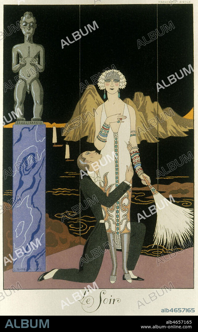 'Le Soir' Homme enlacant une femme, paravent au 2eme plan, et statuette africaine. Illustration de Georges BARBIER pour un Almanach de 1926. Credit Collection Kharbine Tapabor.