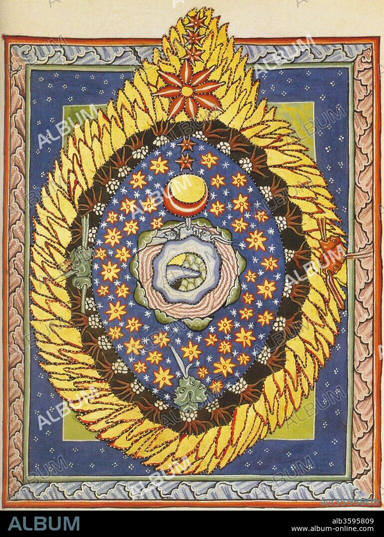 ANONYMOUS. God, Cosmos, and Humanity. Miniature from Liber Scivias by Hildegard of Bingen.