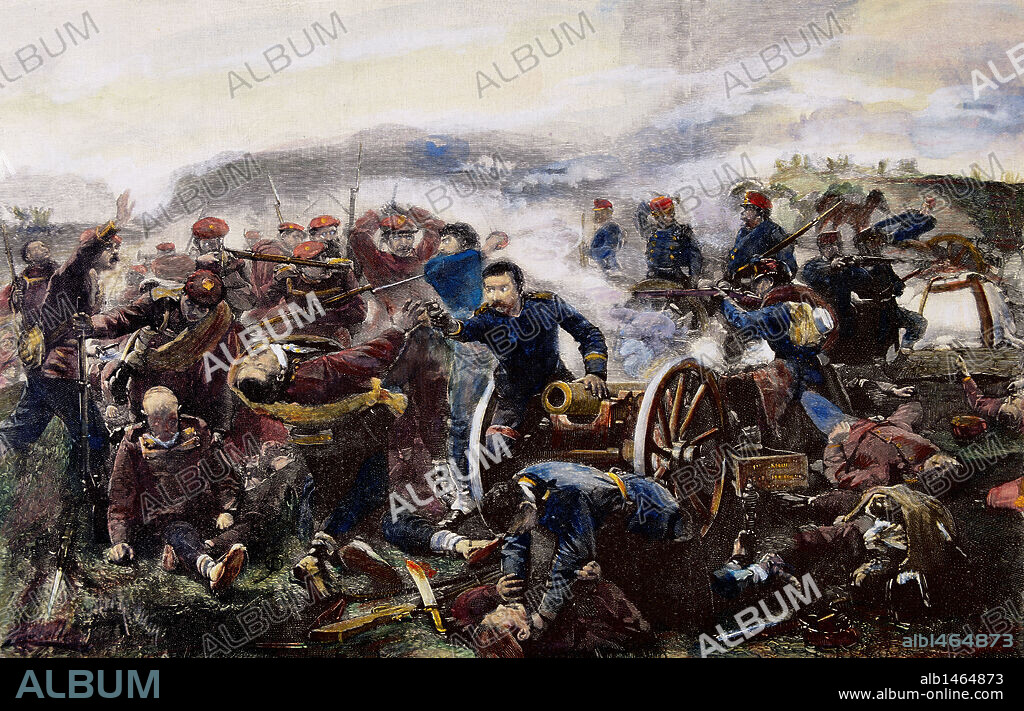 TERCERA GUERRA CARLISTA (1872-1876). ACCION DE CASTELLFULLIT ENTRE LA COLUMNA NOUVILAS Y LA FACCION DE FRANCESC SAVALLS (AÑO 1874). Las tropas carlistas de Savalls vencieron a las del jefe liberal Nouvilas, dominando así los carlistas gran parte de Cataluña. "MUERTE DEL CAPITAN TEMPRADO EN CASTELLFULLIT". Grabado de 'La Ilustración Española y Americana' (1874). S. XIX.