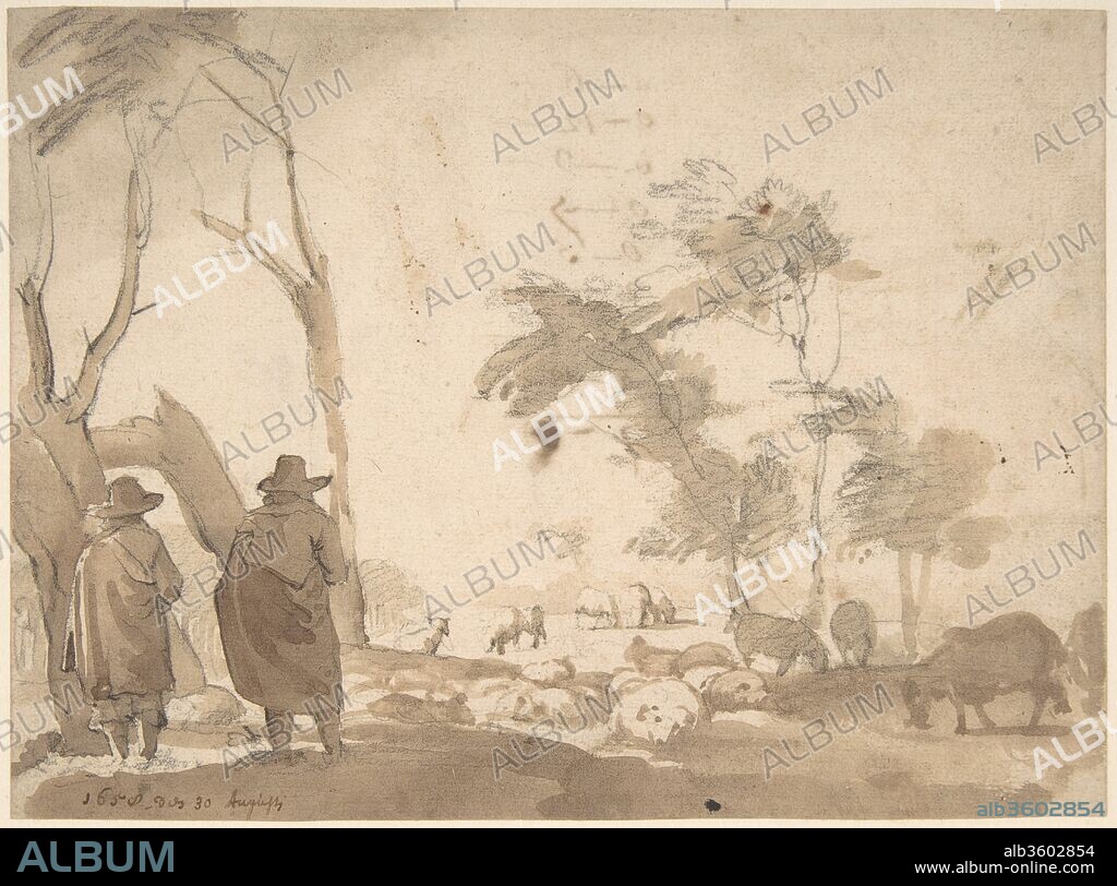 Landscape with Sheep and Two Figures (recto); Faint Sketch of a Figure with a Hat (verso). Artist: Attributed to Jacob van der Does (Dutch, Amsterdam 1623-1673 Amsterdam). Dimensions: 5 9/16 x 7 1/2 in.  (14.2 x 19.1 cm). Date: 1623-73.