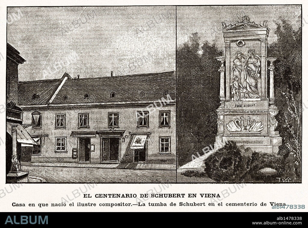 Casa natal y tumba de Franz Schubert (Viena, 1797-1828). Compositor austríaco de música clásica; discípulo de Antonio Salieri.Grabado de 1900.
