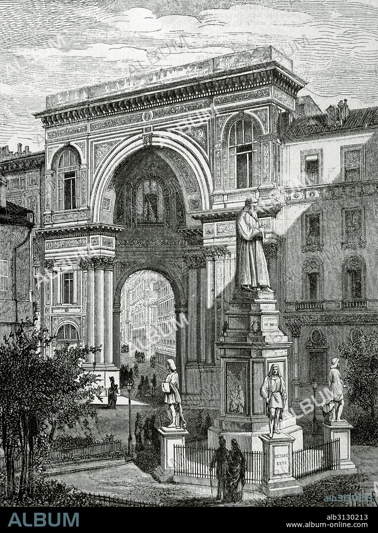VINCI, Leonardo da (Vinci, 1452-Clos Lucé, 1519). Pintor, arquitecto, escultor, ingeniero y sabio italiano. Estatua monumento de Vinci en la ciudad italiana de Milán, ralizado por el escultor Pietro Magni. Grabado por Sweeton Tilly. La Ilustracion, 1882.