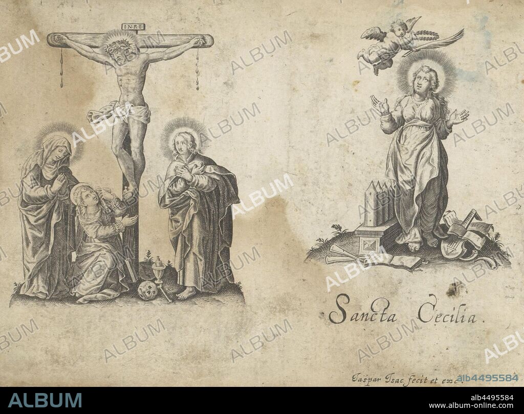 Christ on the cross and St. Cecilia Sancta Cecilia (title on object), Christ on the cross with Mary, Mary Magdalene and John the Baptist. To the right Saint Cecilia with musical instruments at her feet. An angel is holding a laurel wreath and a palm branch above her head. The print is part of an album, crucified Christ with Mary, John, and Mary Magdalene, the virgin martyr Cecilia of Rome, possible attributes: falcon, musical instruments, organ, wreath or roses and lilies, Jaspar de Isaac (mentioned on object), 1601 - 1654, paper, engraving, h 91 mm × w 119 mm.