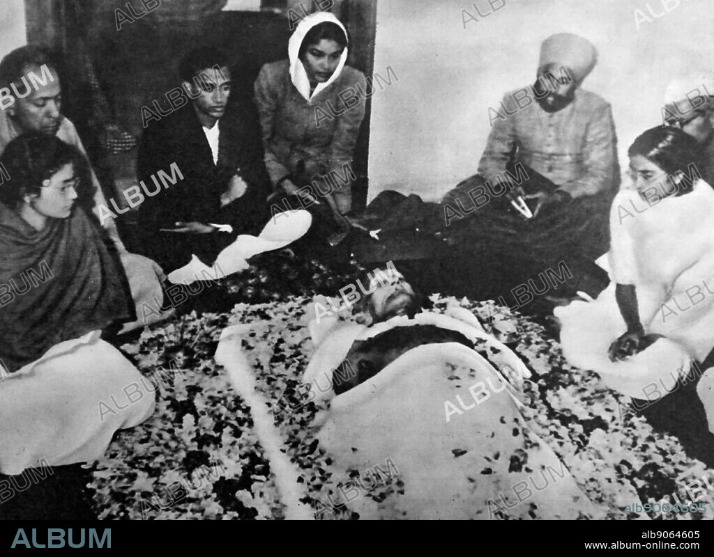 Photograph of Mahatma Gandhi's corpse. Mohandas Karamchand Gandhi (1869-1948) an Indian lawyer, anti-colonial nationalist, and political ethicist.