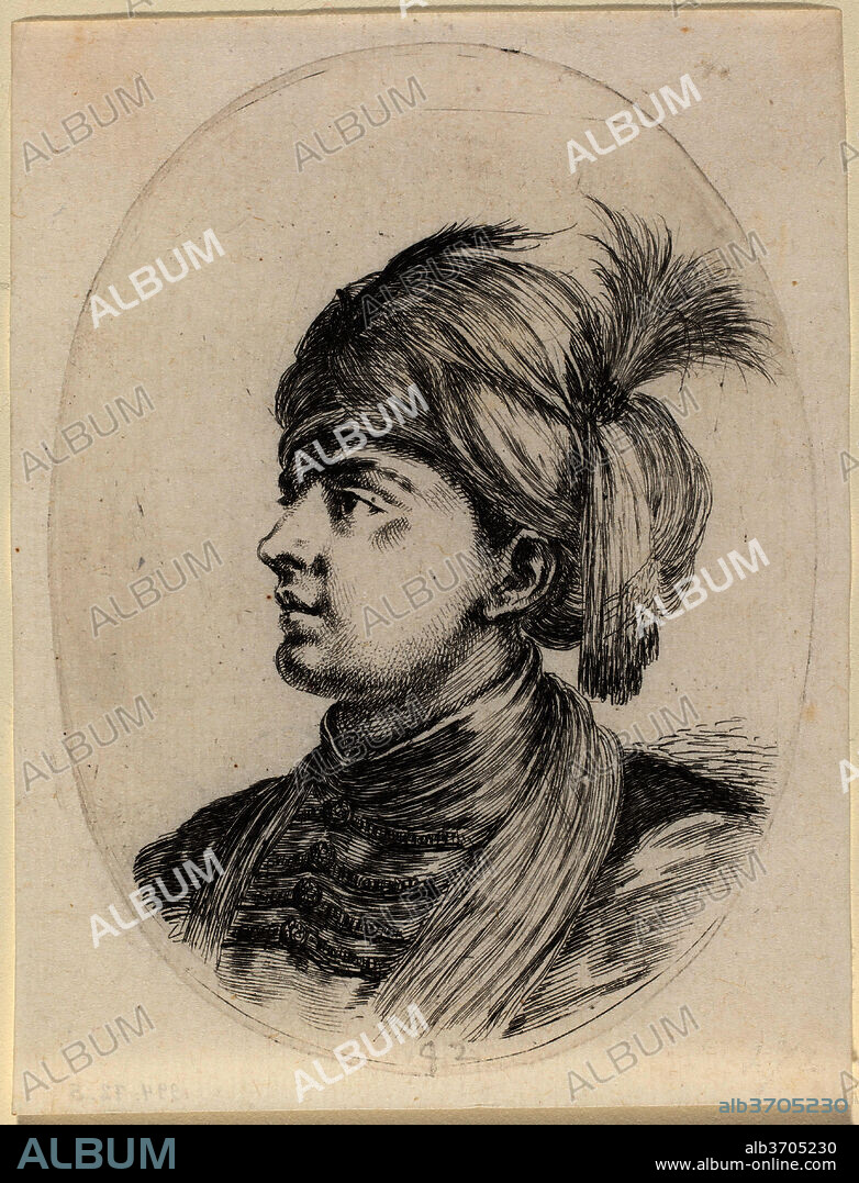STEFANO DELLA BELLA. Young Moor in a Feathered Turban, Turned to the Left. Dated: 1649/1650. Dimensions: plate (oval): 10 x 7.4 cm (3 15/16 x 2 15/16 in.)  sheet: 10.6 x 8.1 cm (4 3/16 x 3 3/16 in.). Medium: etching on laid paper.