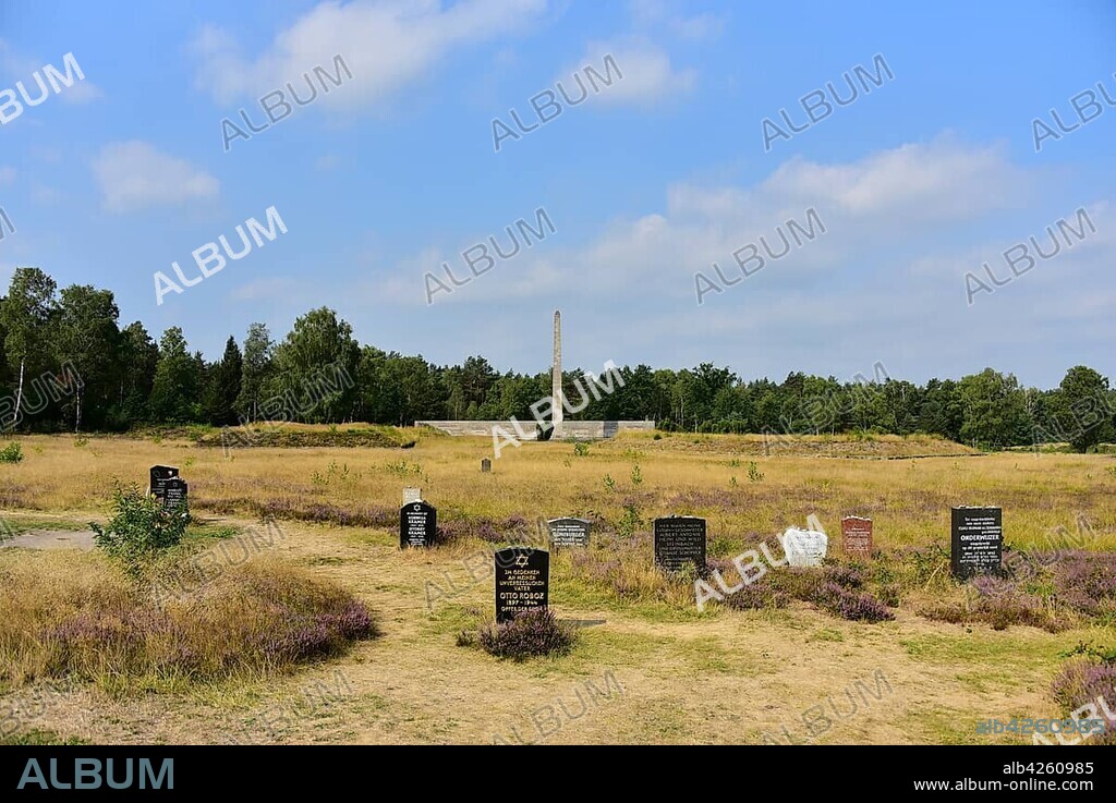 Gravestones, including the gravestone of Anne Frank, Bergen-Belsen Concentration Camp Memorial, Lower Saxony, Germany, Europe.