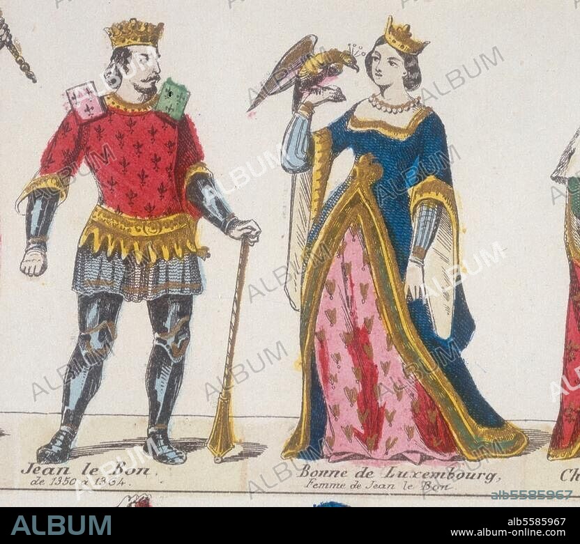 Jean le Bon, roi de France (1350-1364), 1319-1364. - "Jean le Bon, de 1350 à 1364." /. "Bonne de Luxembourg, Femme de Jean le Bon." - Gravure sur bois, coloriée, vers 1850 . livre d'images (Gangel), détail ; coll. particulière, France.