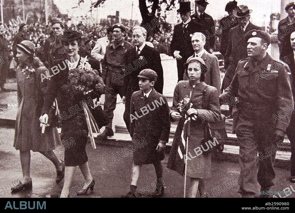 Crown Princess Martha, Prince Olav, Princess Ragnhild, princess Astrid and Prince Harald of Norway return home after the liberation of Norway after World War Two.