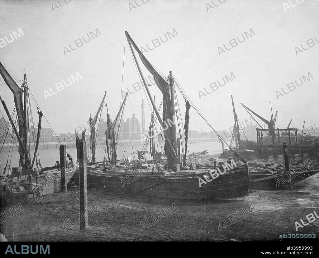Dry dock in Lambeth, Greater London, 1878. A sail barge in dry dock near Lambeth Bridge on the Albert Embankment.