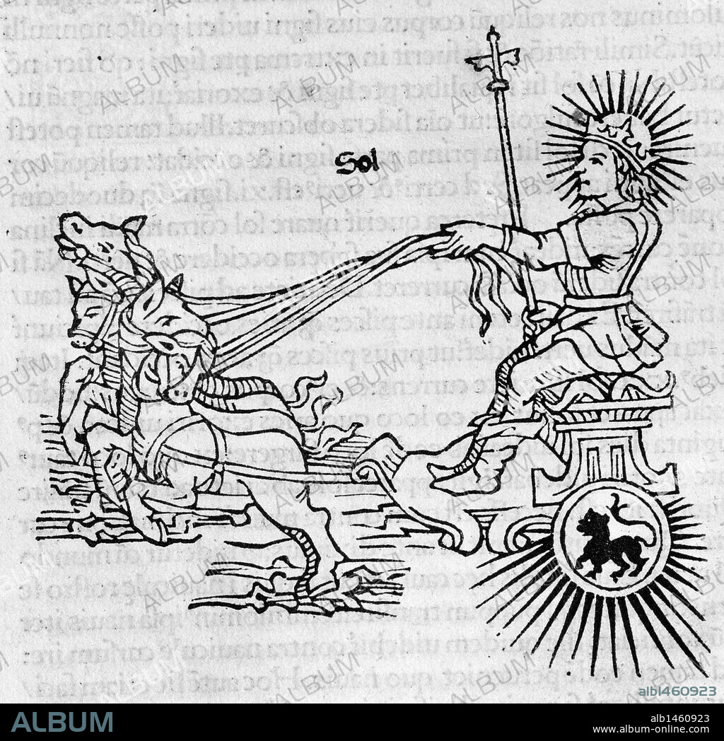 MITOLOGIA. SOL (HELIOS). Representado por un joven montado en un carro tirado por cuatro caballos y con la cabeza coronada de rayos. Grabado de "ASTRONOMICON" del escritor hispanolatino Cayo Julio HIGINIO (s. I d. C.). Incunable 283. Editado en Venecia en el 1485. Biblioteca Universidad de Barcelona. Cataluña.