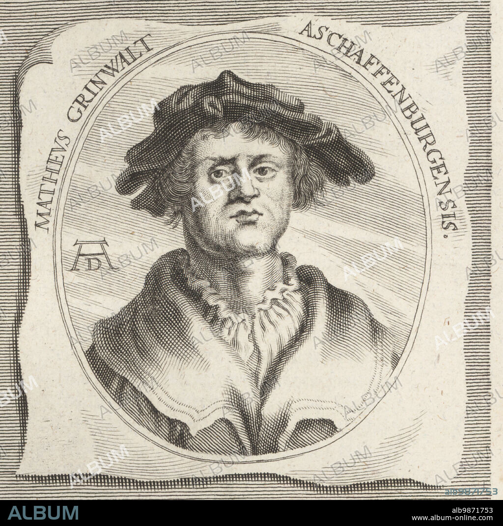 Matthias Grünewald, German Renaissance painter, draftsman and hydraulic engineer, known as Mathis von Aschaffenburg, c.1480-1528. Painter of the Isenheim Altar. From a portrait with Albrecht Durer's monogram AD. Matheus Grinwalt Aschaffenburgensis, Copperplate engraving after an illustration by Joachim von Sandrart from his LAcademia Todesca, della Architectura, Scultura & Pittura, oder Teutsche Academie, der Edlen Bau- Bild- und Mahlerey-Kunste, German Academy of Architecture, Sculpture and Painting, Jacob von Sandrart, Nuremberg, 1675.