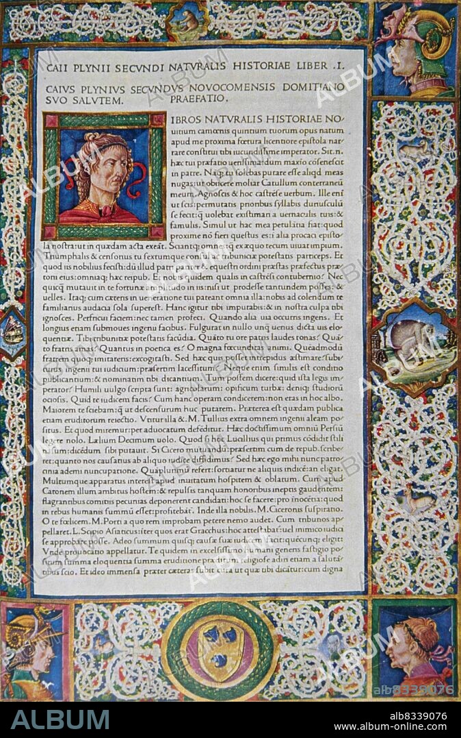 Jacopo Filippo D'Argenta: Illuminated page - Pliny, Historia Naturalis. Venice, Jenson. 1472.
