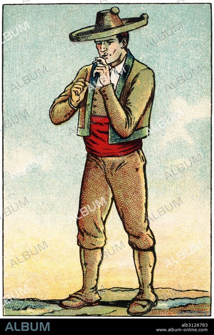 ALBERT MESTRE MORAGAS. Traje típico de campesino leonés de principios del siglo XX. Cromo de Chocolates Juncosa. Años 1920.