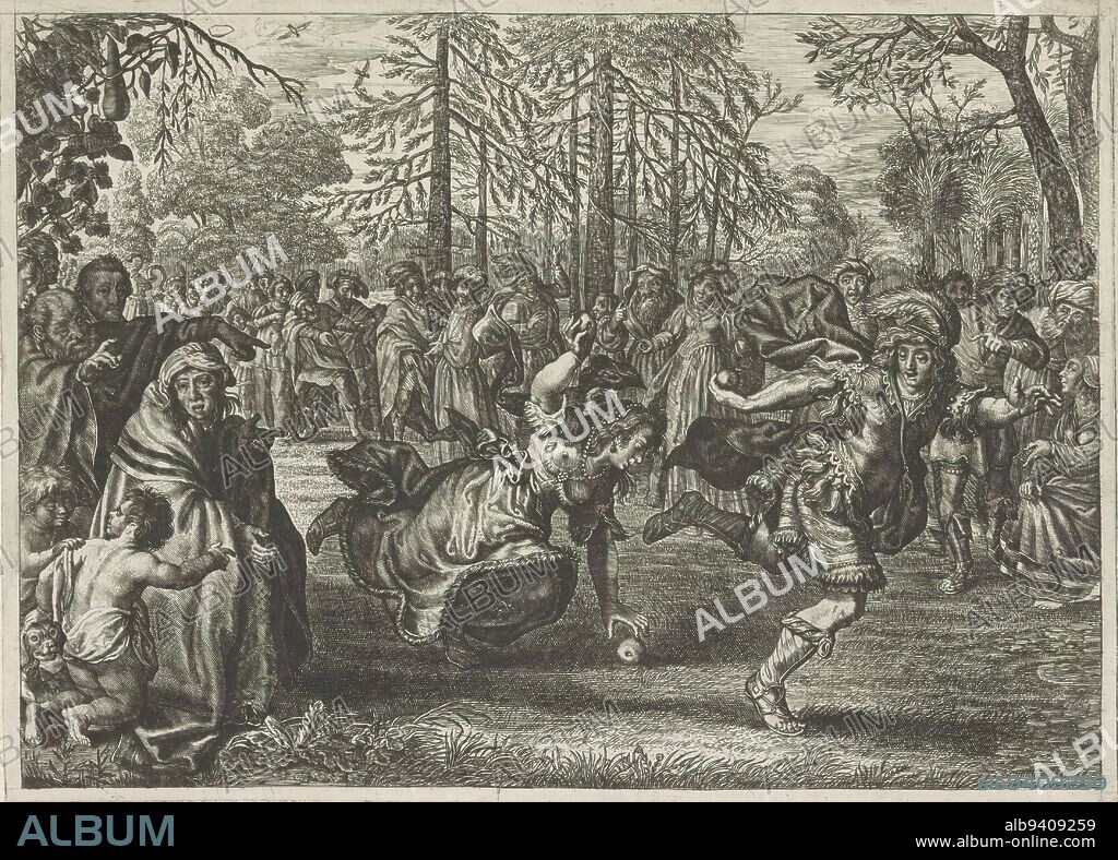 Atalanta and Hippomenes, Metamorphoses by Ovid (series title), Atalanta has challenged her admirer Hippomenes to a running race. Hippomenes, while running, drops three golden apples that Venus had given him. Atalanta cannot resist the apples and picks them up, losing the race., print maker: Magdalena van de Passe, after design by: Adriaen Pietersz van de Venne, (possibly), publisher: Crispijn van de Passe (II), (attributed to), c. 1636 - 1670, paper, engraving, height 165 mm × width 228 mm.