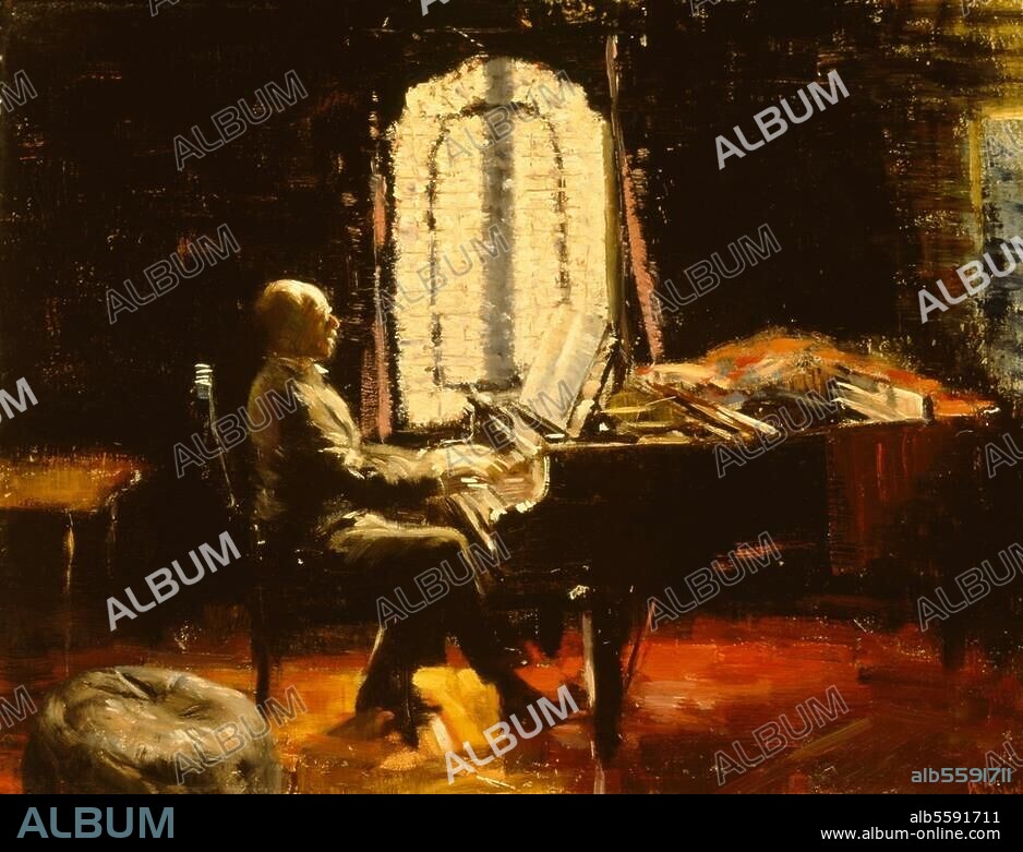 Santen, Rient van; niederl. Dichter u. Komponist; 2.4.1882 - 29.5.1943. "Rient van Santen am Klavier". Gemälde, um 1930, von William Dobell. (1899-1970). Öl auf Karton, 27 × 35 cm. Kunsthandel London, Sotheby's, 23. Oktober 1991, Lot 325.