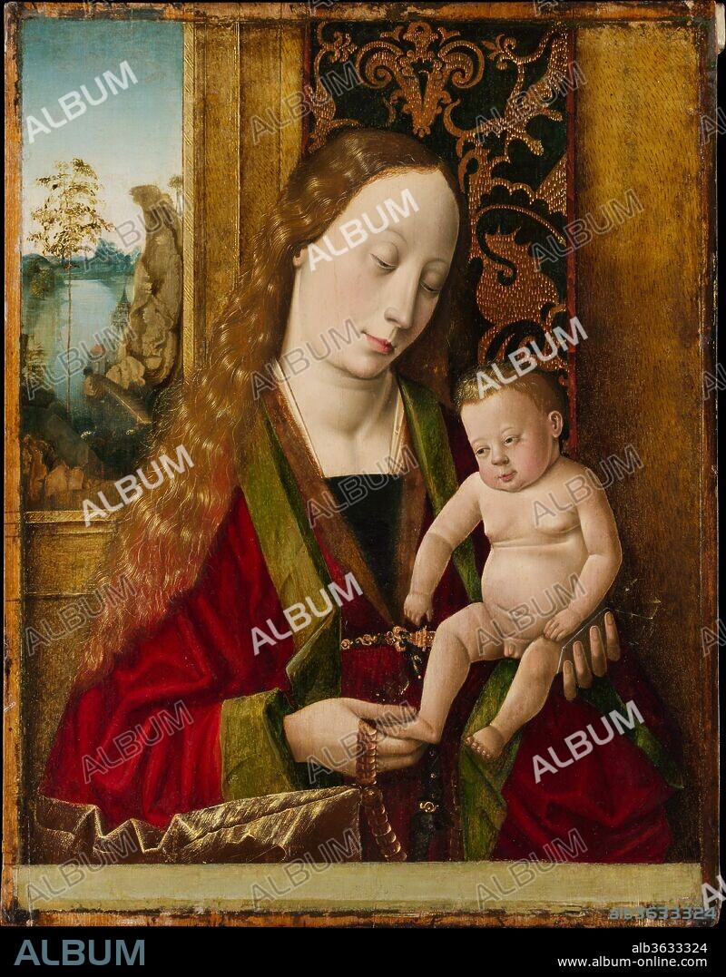Virgin and Child. Artist: Workshop or Circle of Hans Traut (German, ca. 1500). Dimensions: 15 5/8 x 12 1/8 in. (39.7 x 30.8 cm).
This painting testifies to the widespread influence of early Netherlandish masters on German artists of the last half of the fifteenth century. Although the exact prototype for this <i>Virgin and Child</i> is unknown, the composition and figure style can be generally associated with models by Dieric Bouts that were widely circulated through drawings. Technical examination revealed that the underdrawing of the figures was transferred onto the panel from a preexisting pattern. The landscape, however, was painted freehand and bears a close resemblance to a German watercolor drawing (Universitätsbibliothek Erlangen), supporting the attribution to the workshop or circle of Hans Traut.