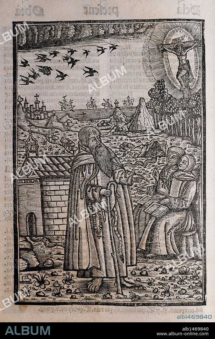LITERATURA CATALANA SIGLOS XIII Y XIV. LLULL, Ramon (Palma de Mallorca, 1233/35-Bujía, 1315/16). Filósofo, místico y literato mallorquín. "BLANQUERNA". Grabado de Ramón Llull predicando o hablando con dos personas o discípulos. Biblioteca Bartomeu March. Palma de Mallorca. Islas Baleares. España.