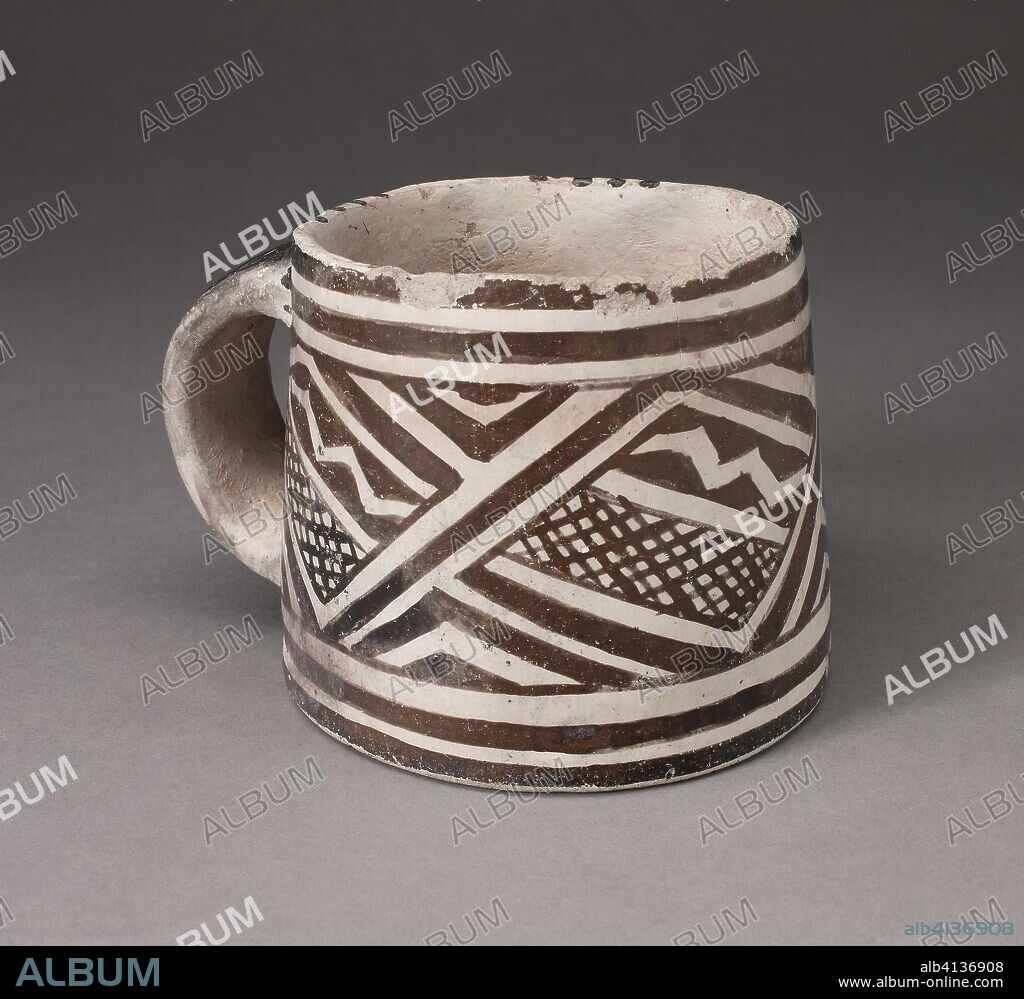 Mug with Interlocking Geometric Pattern with Zigzag Motifs and Crosshatching. Ancestral Pueblo (Anasazi), Mesa Verde Black-on-white; Southwest, United States. Date: 1100-1275. Dimensions: 11.4 x 9.5 cm (4 1/2 x 3 3/4 in.). Ceramic and pigment. Origin: Southwest.