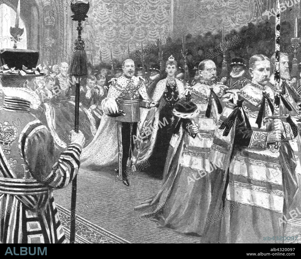 'Princess Alexandra as Queen of England: Her Majesty passing through the Royal Gallery at the opening of King Edward VII's First Parliament, February 14, 1901'. King Edward VII (1841-1910) and his wife Alexandra of Denmark (1844-1925) in the Houses of Parliament in Westminster. On the death of his mother Queen Victoria on 22 January 1901, Edward became King of the United Kingdom, and Alexandra became Queen consort. From "The Illustrated London News Record of the Glorious Reign of Queen Victoria 1837-1901: The Life and Accession of King Edward VII. and the Life of Queen Alexandra". [London, 1901].
