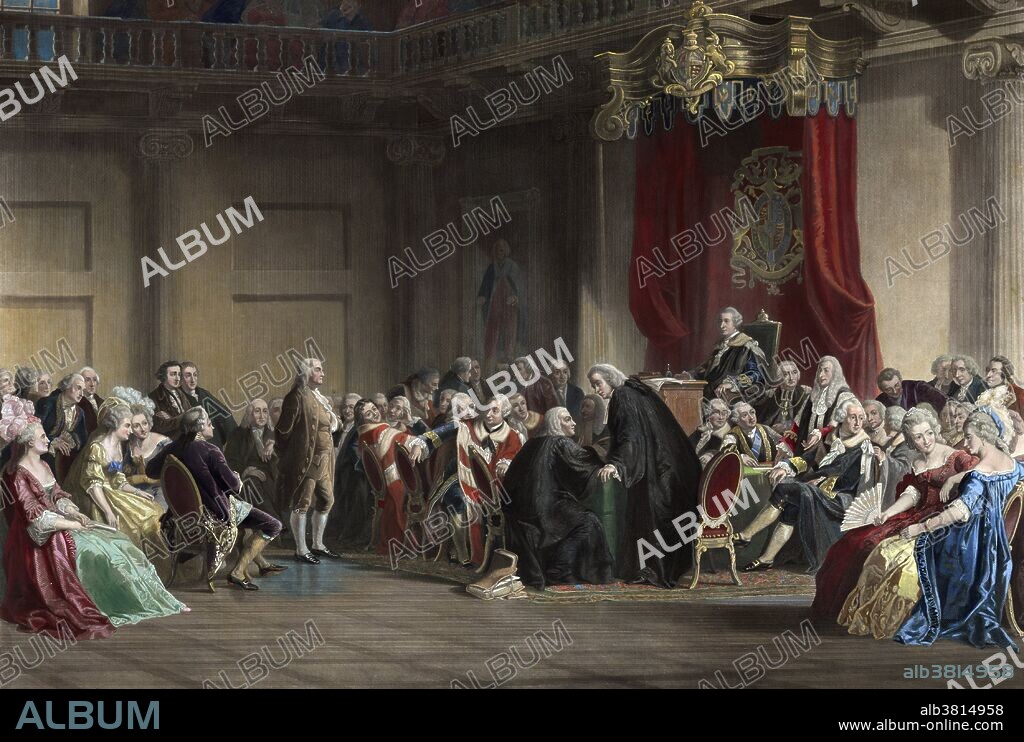 Entitled: "Franklin before the lord's council, Whitehall Chapel, London, 1774." Showing Benjamin Franklin standing before the Lords in Council in Whitehall Chapel presenting the concerns of the American colonists. In June 1773 Franklin obtained private letters of Thomas Hutchinson and Andrew Oliver, governor and lieutenant governor of the Province of Massachusetts Bay, that proved they were encouraging the Crown to crack down on the rights of Bostonians. Franklin sent them to America, where they escalated the tensions. The British began to regard him as the fomenter of serious trouble. Hopes for a peaceful solution ended as he was systematically ridiculed and humiliated by Solicitor-General Alexander Wedderburn, before the Privy Council on January 29, 1774. He returned to Philadelphia in March 1775, and abandoned his accommodationist stance Benjamin Franklin (January 17, 1706 - April 17, 1790) was one of the Founding Fathers of the United States. A renowned polymath, Franklin was a leading author, printer, political theorist, politician, freemason, postmaster, scientist, inventor, civic activist, statesman, and diplomat. Engravoing by Robert Whitechurch, based on a painting by Christian Schuessele, published 1859.
