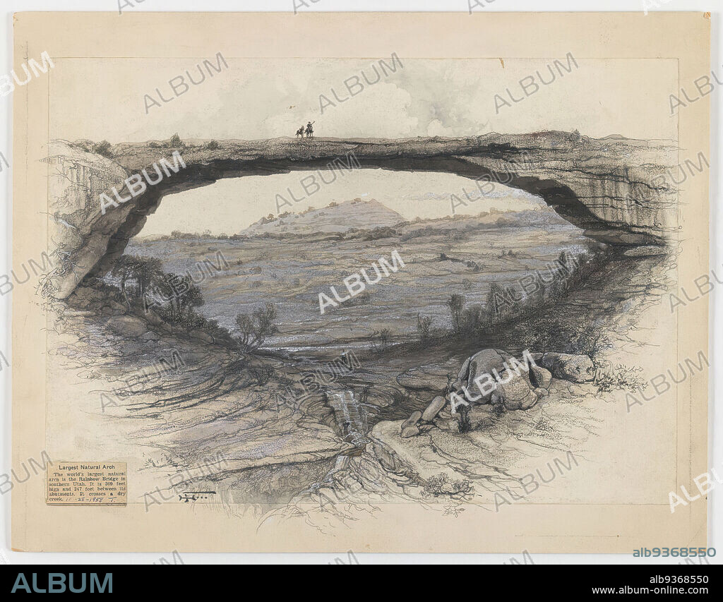 Rainbow Bridge, Henry aka Harry Fenn, American, 1845-1911, Wash, graphite and charcoal on paper mounted to paperboard, n.d., paperboard: 12 1/16 x 15 1/2 in., 30.6 x 39.4 cm, drawing, landscape.