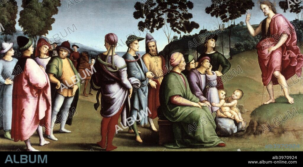 'Saint John the Baptist Preaching', 1505. This picture is one of the three paintings which formed the predella for Raphael's altarpiece the 'Ansidei Madonna' (dated 1505) in the church of San Fiorenzo, Perugia.