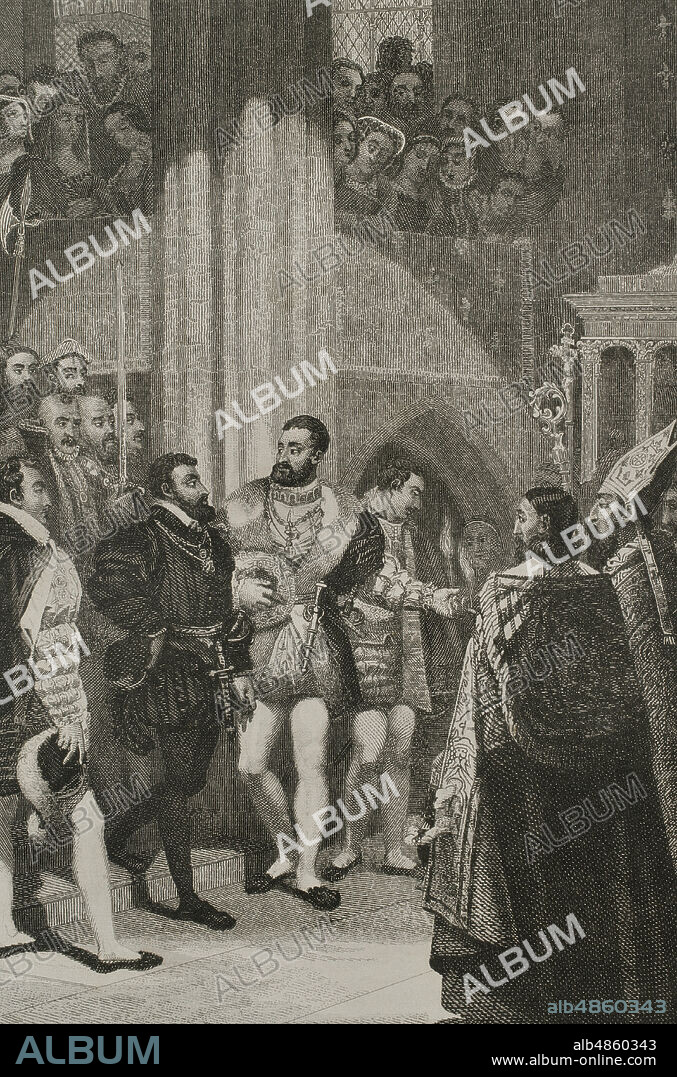 Carlos V y Francisco I de Francia. El emperador Carlos V se trasladó desde Barcelona a Niza el 27 de abril de 1538, donde se había comprometido a celebrar una conferencias con el Papa y el rey Francisco I, acordando la prolongación de la tregua hasta diez años (Tregua de Niza). Tras haber estado en Génova y Aigües-Mortes, donde se entrevistó de nuevo con el rey de Francia, regresó a Barcelona el 20 de julio. La reconciliación de Carlos V y Francisco I en Aigües-Mortes. Grabado por A. Roca. Historia de Cataluña y de la Corona de Aragón, por Victor Balaguer. Barcelona,1863. Barcelona,1863.