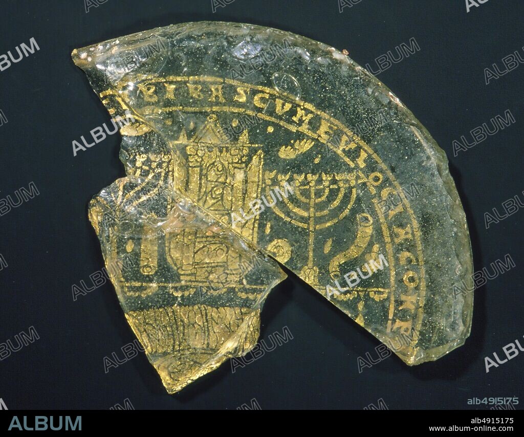 Bowl Fragments with Menorah, Shofar, and Torah Ark, Roman, 300350, Roman, Glass, gold leaf, Overall: 2 11/16 x 2 3/4 x 1/4 in. (6.9 x 7 x 0.7 cm), a only: 1 1/2 x 3 1/2 in. (3.8 x 8.9 cm), b only: 1 1/2 x 1 1/4 in. (3.8 x 3.2 cm), Glass-Gold glass.
