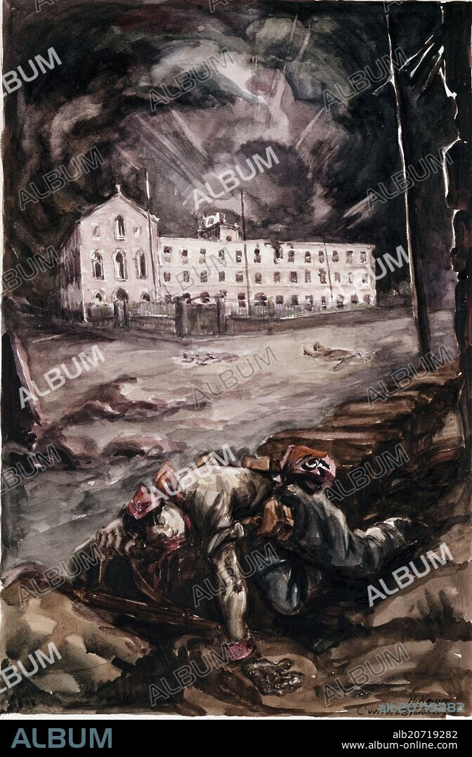 ARTURO REQUE MERUVIA-KEMER-. EL CUARTEL DE SIMANCAS CON SOLDADO MUERTO-GUERRA CIVIL ESPAÑOLA.