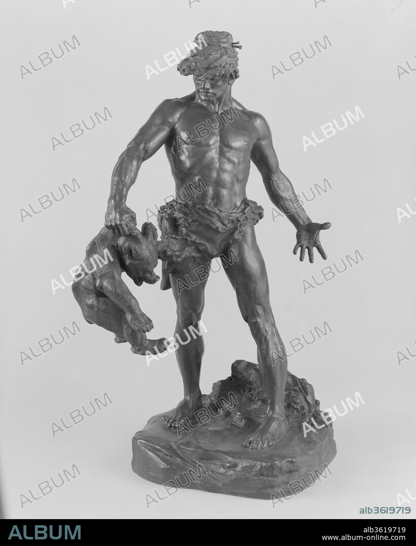 Primitive Man. Artist: Edgar Walter (American, San Francisco, California 1877-1938 San Francisco, California
). Dimensions: 13 1/2 x 15 x 15 in. (34.3 x 38.1 x 38.1 cm). Date: ca. 1902-3, cast ca. 1905.
In this richly textured depiction of a muscular youth lifting a protesting bear cub by the scruff of its neck, Walter refers to man's evolutionary superiority over beast. In this case, man dominates, even in his baser state, as indicated by the rudimentary loincloth and headdress. This theme was popular with turn-of-the-twentieth-century French and American sculptors responding to contemporary interest in natural selection and evolutionary principles following the publication of Charles Darwin's The Origin of Species in 1859.
