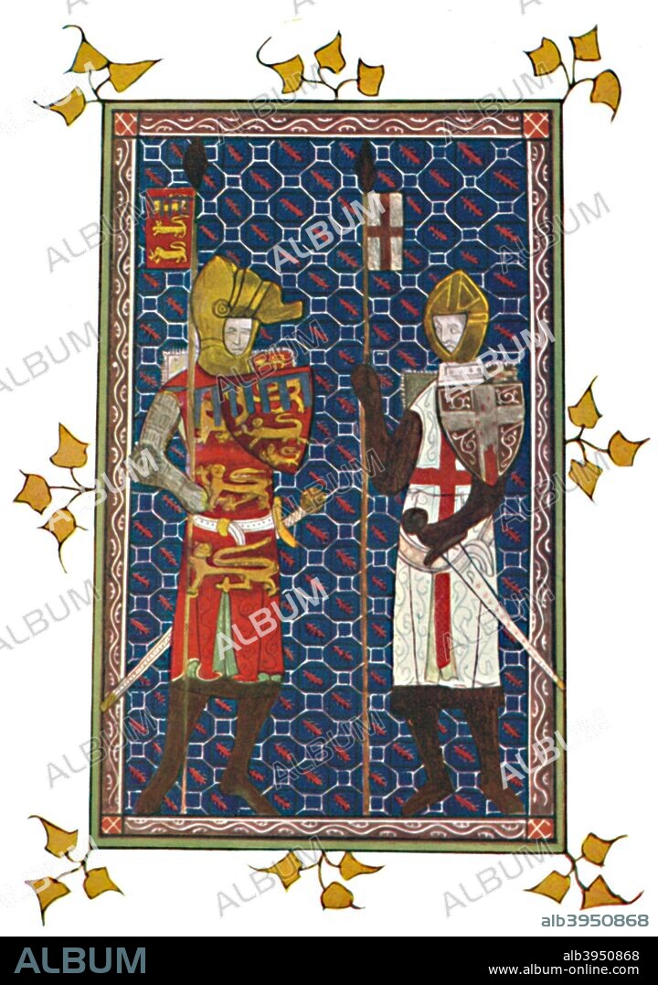 'St. George and Plantagenet Earl of Lancaster', c1295, (1903). Miniature from a medieval manuscript (Oxford, Bodleian Library, MS Douce 231). From Social England, Volume II, edited by H.D. Traill, D.C.L. and J. S. Mann, M.A. [Cassell and Company, Limited, London, Paris, New York & Melbourne, 1903].