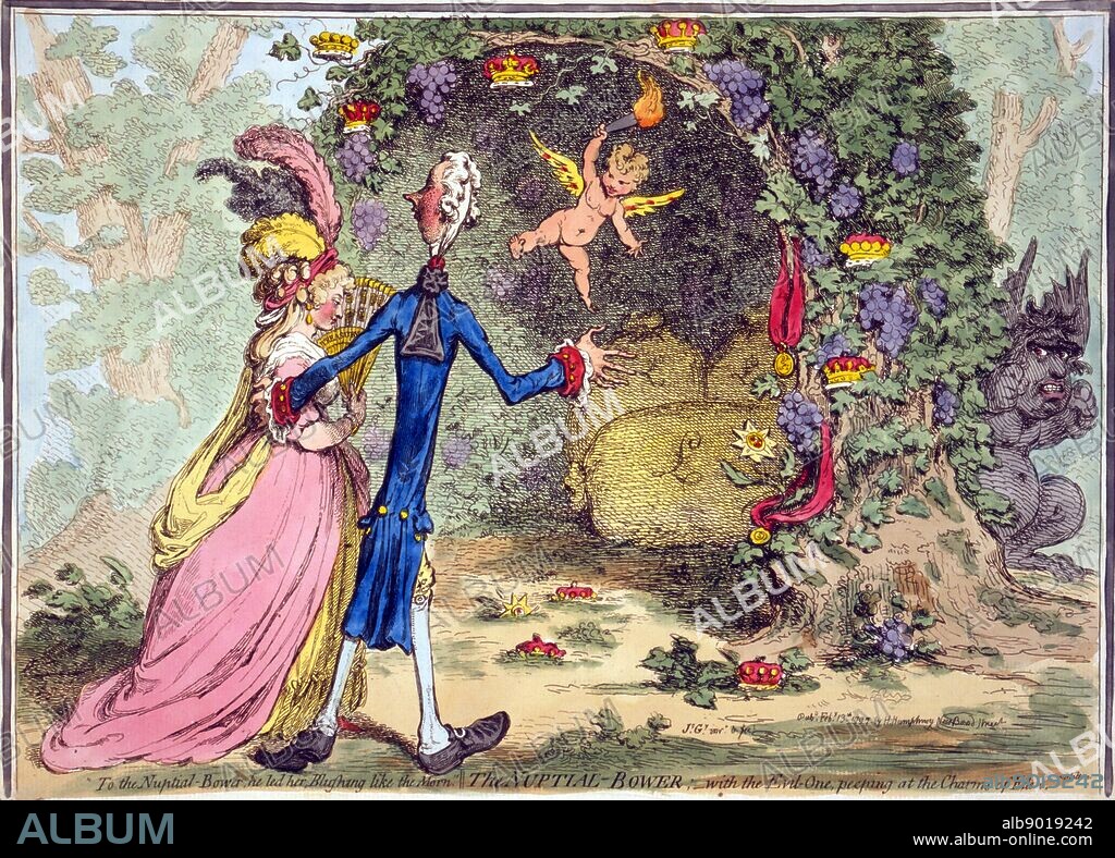 The nuptial-bower; - with the evil-one, peeping at the charms of Eden. James Gillray, James, 1756-1815, artist. Cartoon shows William Pitt escorting Eleanor Eden to a vine-shaded bower within which are three large sacks with the British pound symbol on them, possibly representing Pitt's debt. Bunches of grapes, crowns, and medallions, suspended from ribbons, hang from the bower. A devil-like creature, 'the Evil-One', representing Charles James Fox, peers around the bower from the right.