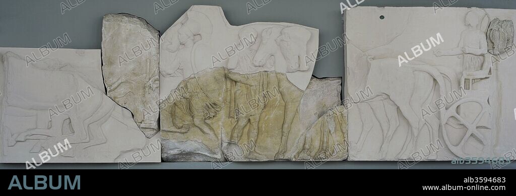 North frieze of Parthenon, Acropolis of Athens. Blocks N XXVI and N XXVII. 5th century BC. Original and replica blocks . Acropolis Museum. Athens. Greece. Original blocks are exposed in the British Museum in London.