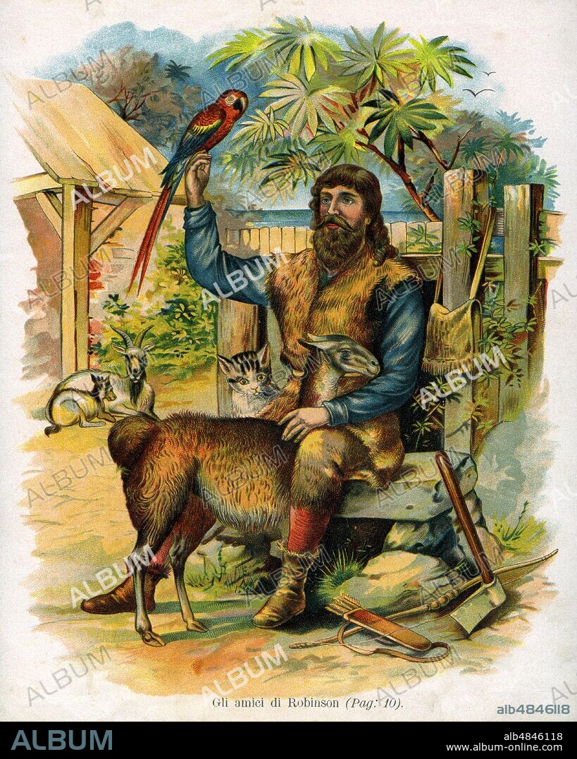 ROBINSON CRUSOE 'Robinson's friends'; only in the desert island the castaway finds company in the animals: a parrot, a cat, a llama and some goats. Illustration from the novel by Daniel Defoe (3 April 1660 - 21 April 1731), reduction for children edited by P. Baronio. Rosenberg & Sellier Edition, Turin International Library, circa 1890.