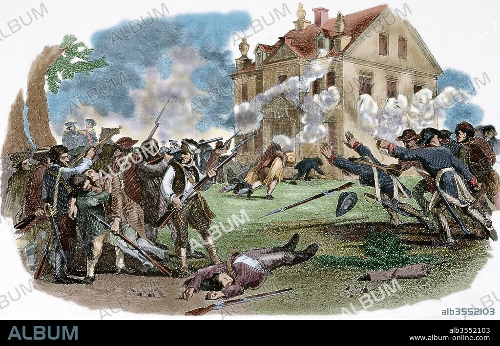 American Revolutionary War (1775-1783). The Battle of Germantown, 1777. American revolutionary troops attack the Cliveden (Benjamin Chew House) in Germantown. Engraving. The American Revolution. 19th century. Colored.