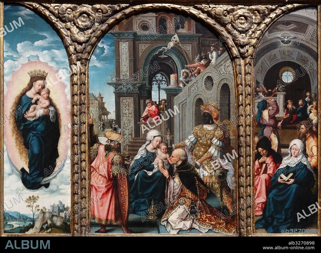 Painting titled 'The Adoration of the Kings' by Jan Gossaert (1478-1532) a French painter and member of the Guild of Saint Luke. Dated 16th Century.
