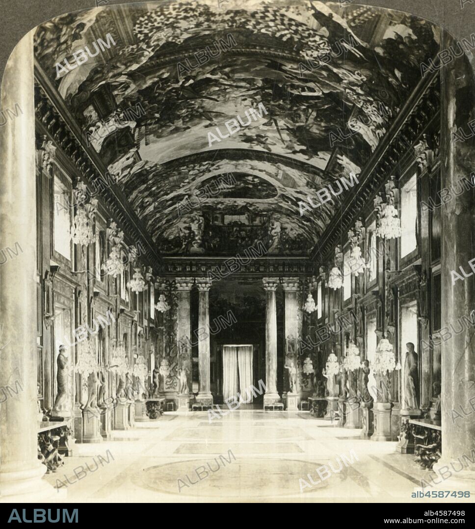 'Gallery in palace of the Colonna family, Rome', c1909. The Great Hall at the Galleria Colonna was commissioned in mid 1600s by Cardinal Girolamo I Colonna and his nephew Lorenzo Onofrio Colonna. Ceiling frescoes celebrate the role of Marcantonio II Colonna in the battle of Lepanto (1571).  To be viewed on a Sun Sculpture stereoscope made by Underwood & Underwood. [The Rose Stereograph Company, Melbourne, Sydney, Wellington & London, c1909].