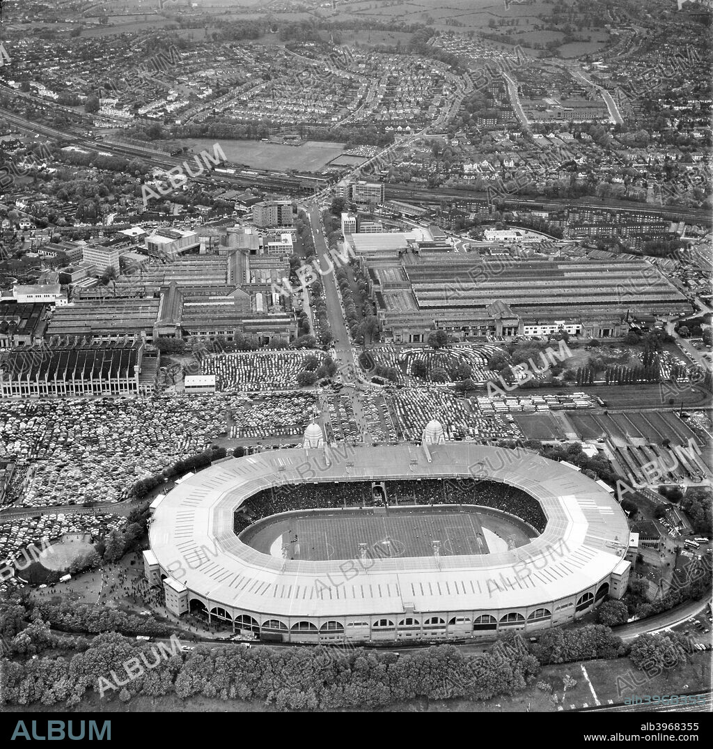 Wembley Stadium, London, 1963. Aerial view of the stadium on 8 May 1963 during an international friendly match, a 1-1 draw between England and Brazil.