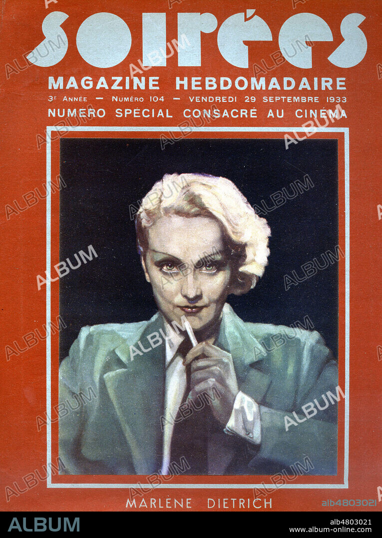 Marlene DIETRICH (1901-1992). Couverture de la revue Soirees du 29 septembre 1933 (magazine belge des editions Rex qui donne son nom au mouvement politique d'extreme-droite dirige par Leon DEGRELLE (1906-1994). Credit : Collection Jonas/Kharbine-Tapabor.