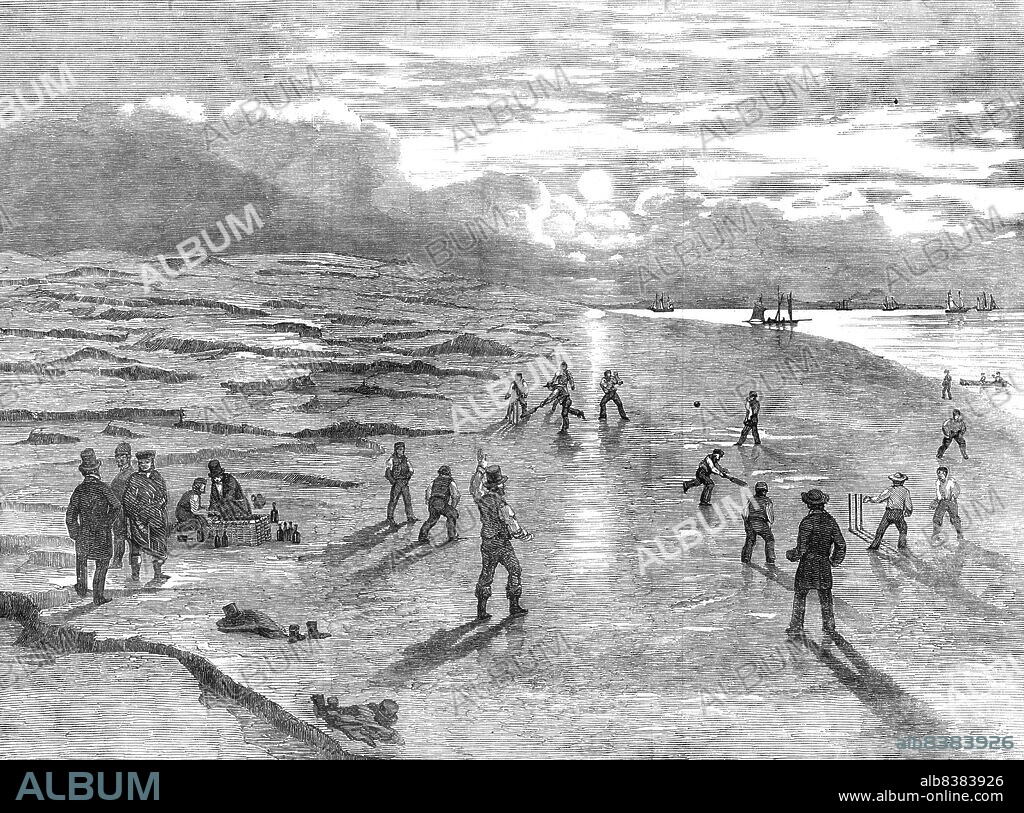 Cricket Match upon the Goodwin Sands, 1854. Evening game on the Kent coast. '" The Goodwins," which have been from time immemorial associated with peril and destruction, have just been the scene of exhilarating sport...After walking about a quarter of a mile, a place sufficiently high and dry was found; when the match commenced, and continued until nearly sunset...The Sands were intersected in every direction with narrow but deep gullies, or, as they are termed by the sailors, "swatches," with swift running streams, into which it was dangerous to step. A sad association of ideas crowded the mind on looking over this awfully melancholy place. Here thousands of gallant fellows have been entombed - here millions of property have been engulfed; and here was a picture contrasting vividly with the present scene of pastime'. From "Illustrated London News", 1854.