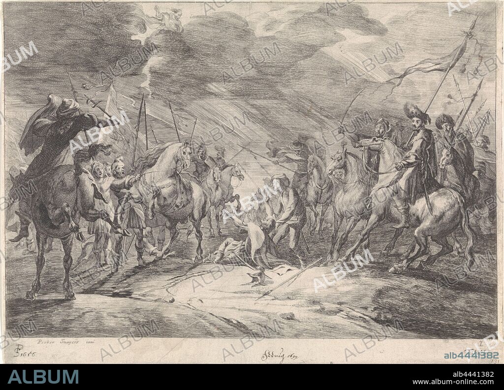 Battlefield Scene Cavalry Battle (series title), A commander of his horse fell under a cloudy sky and ended up in the middle of a group of armed windows. On the left the Romans, with a flag with 'SPQR' on it, and on the right Oriental. The commander's helmet and weapon lie on the ground next to him and from heaven God illuminates him, so that the cavalry of both camps recoils. This print is part of a six-part series on cavalry fighting., Battle (cavalry, horsemen), God the Father, Theodorus van Kessel (mentioned on object), 1656, paper, etching, h 255 mm × w 348 mm.