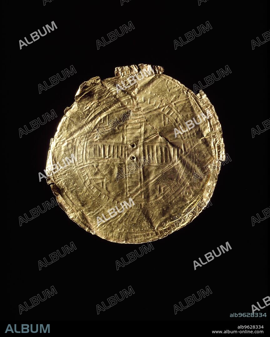 Disc (the Ballyshannon Sun-disc), Early Bronze Age, Beaker Period (Britain), c 2500BC-2150 BC. Sheet gold disc probably worn as a button-cover or spangle, decorated with a cross within a circle (repoussé). Dimension: diameter: 5.5 cm.
