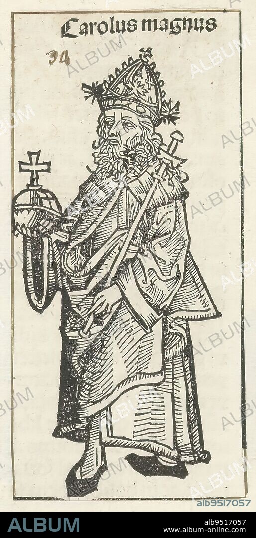Emperor Charlemagne, Carolus magnus (title on object), Liber Chronicarum (series title), A king with imperial apple and scepter, full-length. The depiction is part of the sequence of emperors in the Liber Chronicarum. The text identifies the man as Emperor Charlemagne. The print is part of an album., print maker: Michel Wolgemut, (workshop of), print maker: Wilhelm Pleydenwurff, (workshop of), Neurenberg, 1493, paper, letterpress printing, height 122 mm × width 59 mm.