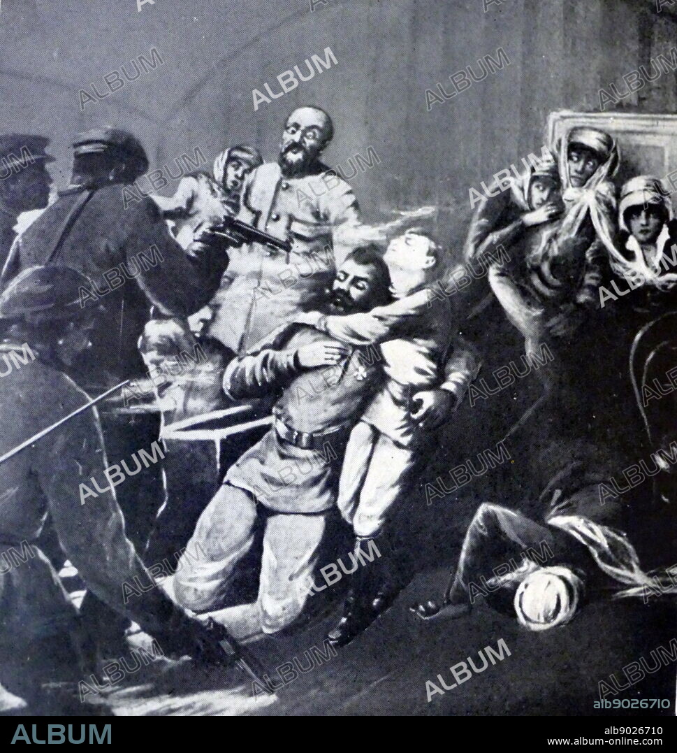 Artist impression of the murder of the Russian Imperial Romanov family (Tsar Nicholas II, his wife Tsarina Alexandra and their five children Olga, Tatiana, Maria, Anastasia, and Alexei) and all those who chose to accompany them into imprisonment--notably Eugene Botkin, Anna Demidova, Alexei Trupp and Ivan Kharitonov--were shot, bayoneted and clubbed to death[1] in Yekaterinburg on the night of 16-17 July 1918. The Tsar and his family were killed by several Bolshevik troops including Peter Ermakov, and led by Yakov Yurovsky under the orders of the Ural Regional Soviet and according to instructions by Lenin, Yakov Sverdlov and Felix Dzerzhinsky.