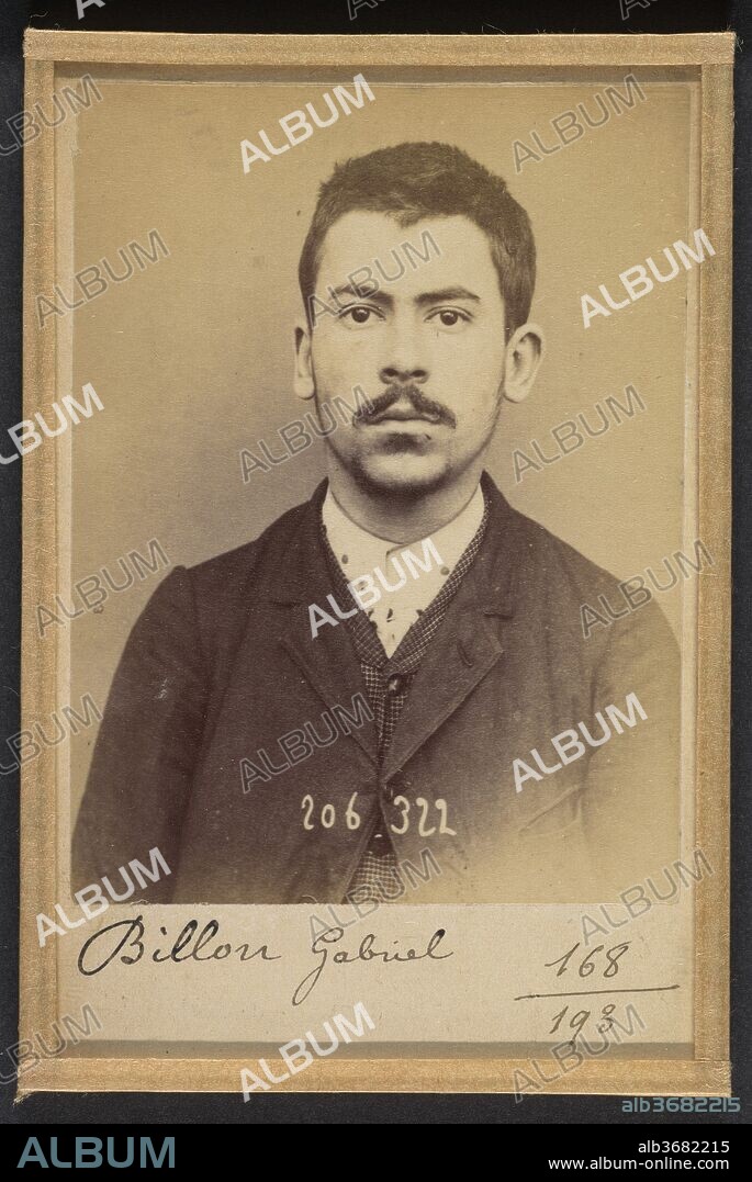 Billon. Gabriel, André, Adolphe. 20 ans, né à Boulogne /s/Seine. Typographe. Outrages. 14/8/93. Artist: Alphonse Bertillon (French, 1853-1914). Dimensions: 10.5 x 7 x 0.5 cm (4 1/8 x 2 3/4 x 3/16 in.) each. Date: 1893.
Born into a distinguished family of scientists and statisticians, Bertillon began his career as a clerk in the Identification Bureau of the Paris Prefecture of Police in 1879. Tasked with maintaining reliable police records of offenders, he developed the first modern system of criminal identification. The system, which became known as Bertillonage, had three components: anthropometric measurement, precise verbal description of the prisoner's physical characteristics, and standardized photographs of the face. 
In the early 1890s Paris was subject to a wave of bombings and assassination attempts carried out by anarchist proponents of "propaganda of the deed." One of Bertillon's greatest successes came in March 1892, when his system of criminal identification led to the arrest of an anarchist bomber and career criminal who went by the name Ravachol (2005.100.375.348). The publicity surrounding the case earned Bertillon the Legion of Honor and encouraged police departments around the world to adopt his anthropometric system.